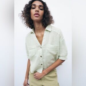 NWOT Zara Linen Pastel Green Short Sleeve Button Down Shirt